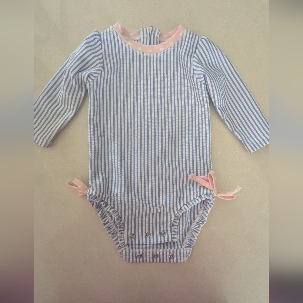 Rufflebutts Seersucker Blue Pinstripe with Pink Ruffles Swimsuit / Rash guard